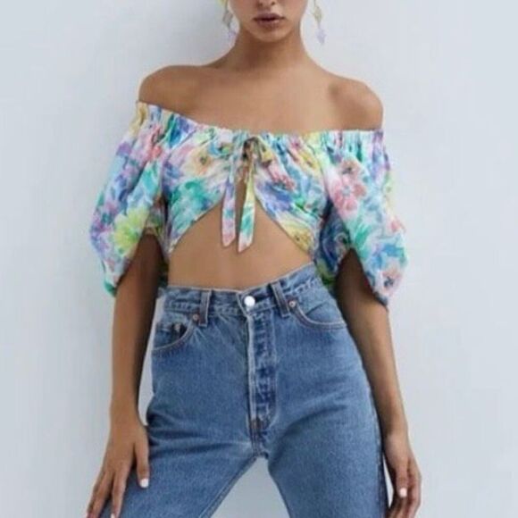 NWT For Love & Lemons Blaire Crop Top Size L Floral Off Shoulder Balloon Sleeves